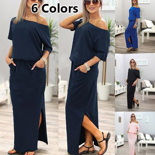 Woman Summer Boho Short Sleeve Side Split Dress Casual Solid Color Loose  Long Dress Cotton Maxi Dress | Wish
